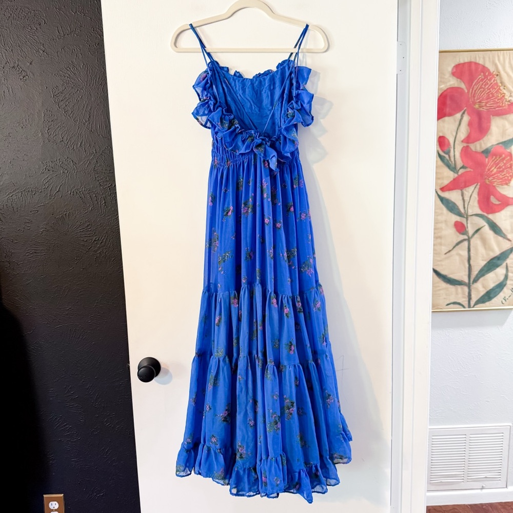 Free People Cloud Nine Smocked Ruffle Maxi Dress Blue Floral Size Small - Picture 8 of 10